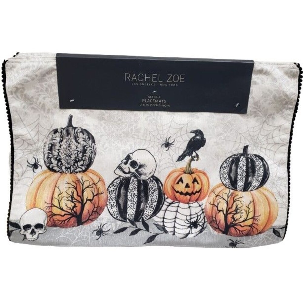 Set of 4 Same Fabric Placemats(13x19")HALLOWEEN PUMPKINS,SKULLS,CROWS,SPIDERS,RZ